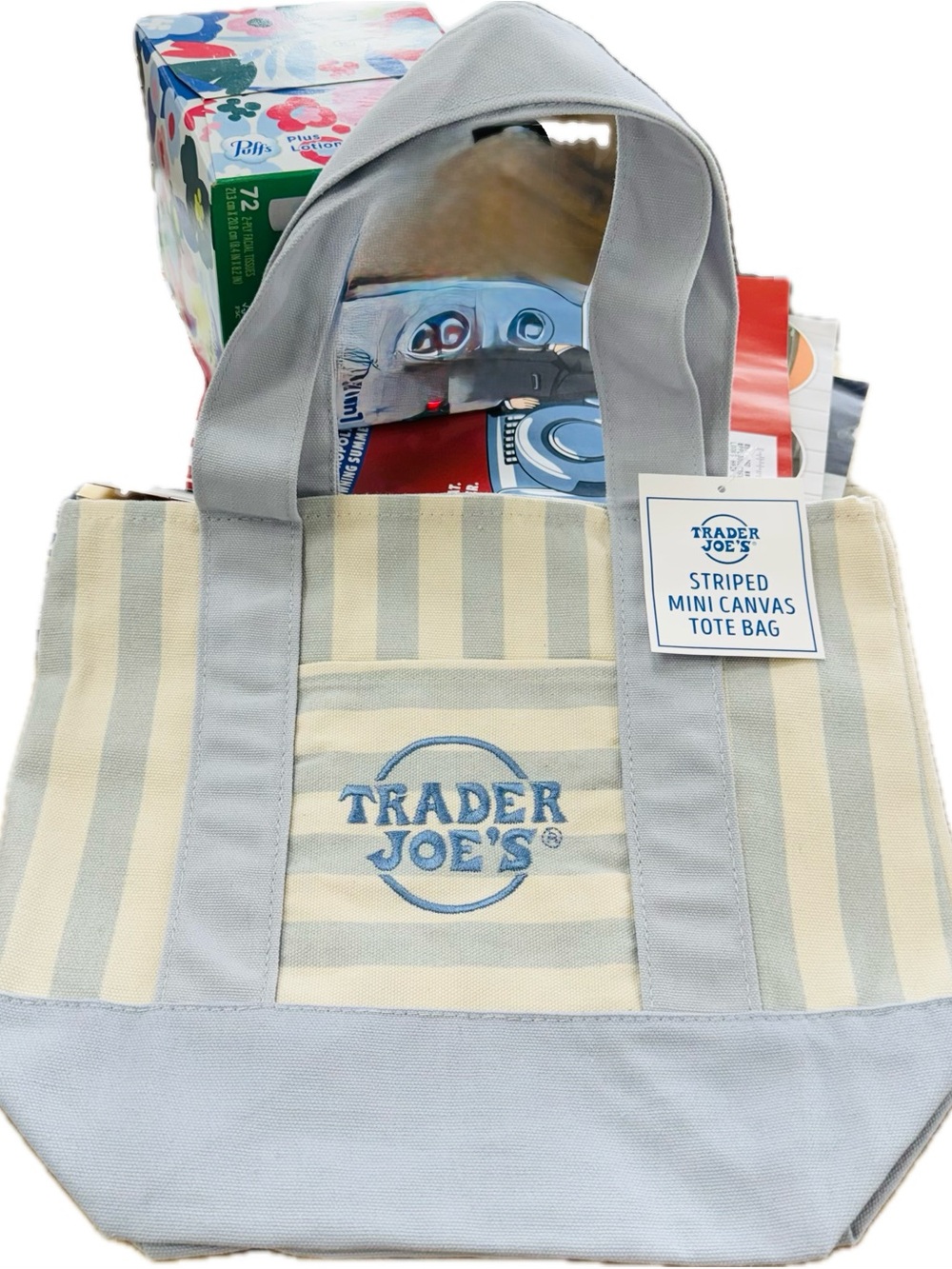 ❗️JUST DROPPED❗️Trader Joe's  Striped Mini Canvas Tote Bag -Blue & Cream